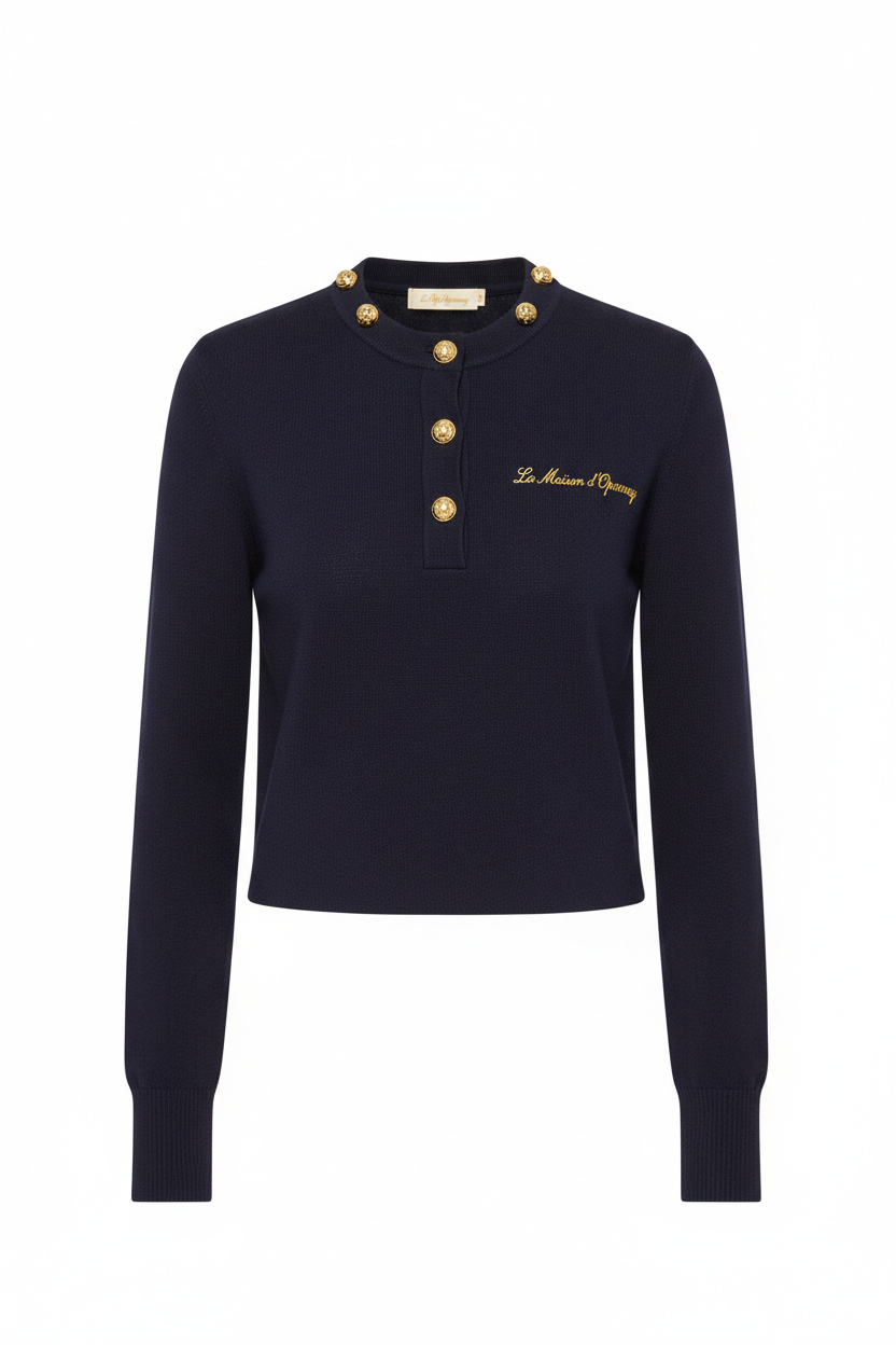 Pull en maille manches longues avec boutons dorés à l'encolure
