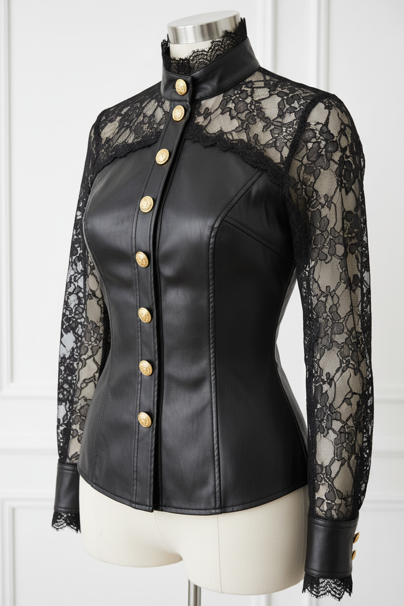 Blouse cintrée en similicuir dentelle TILIA noir