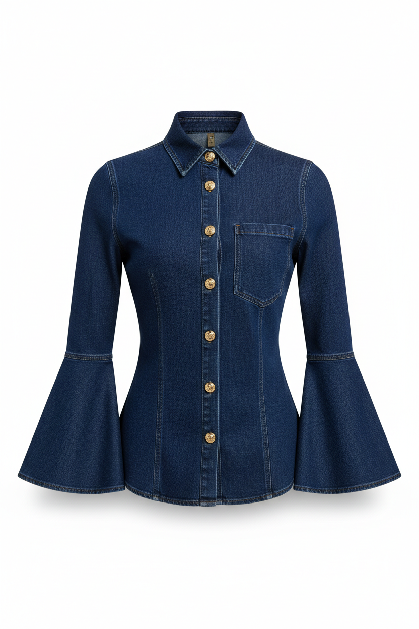 Chemise manche évasées en jean bleu