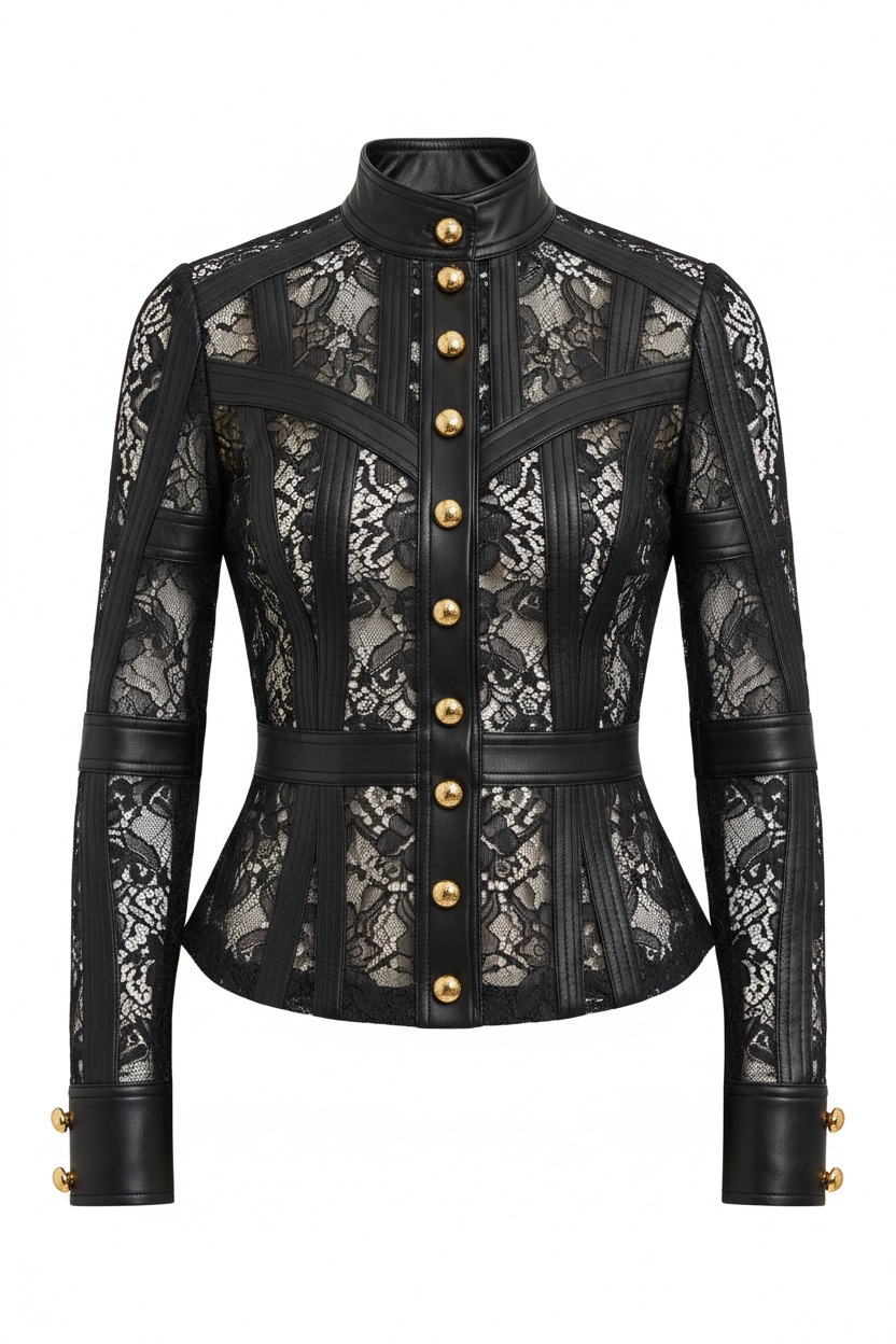 Blouse cintrée en similicuir dentelle TILINA noir