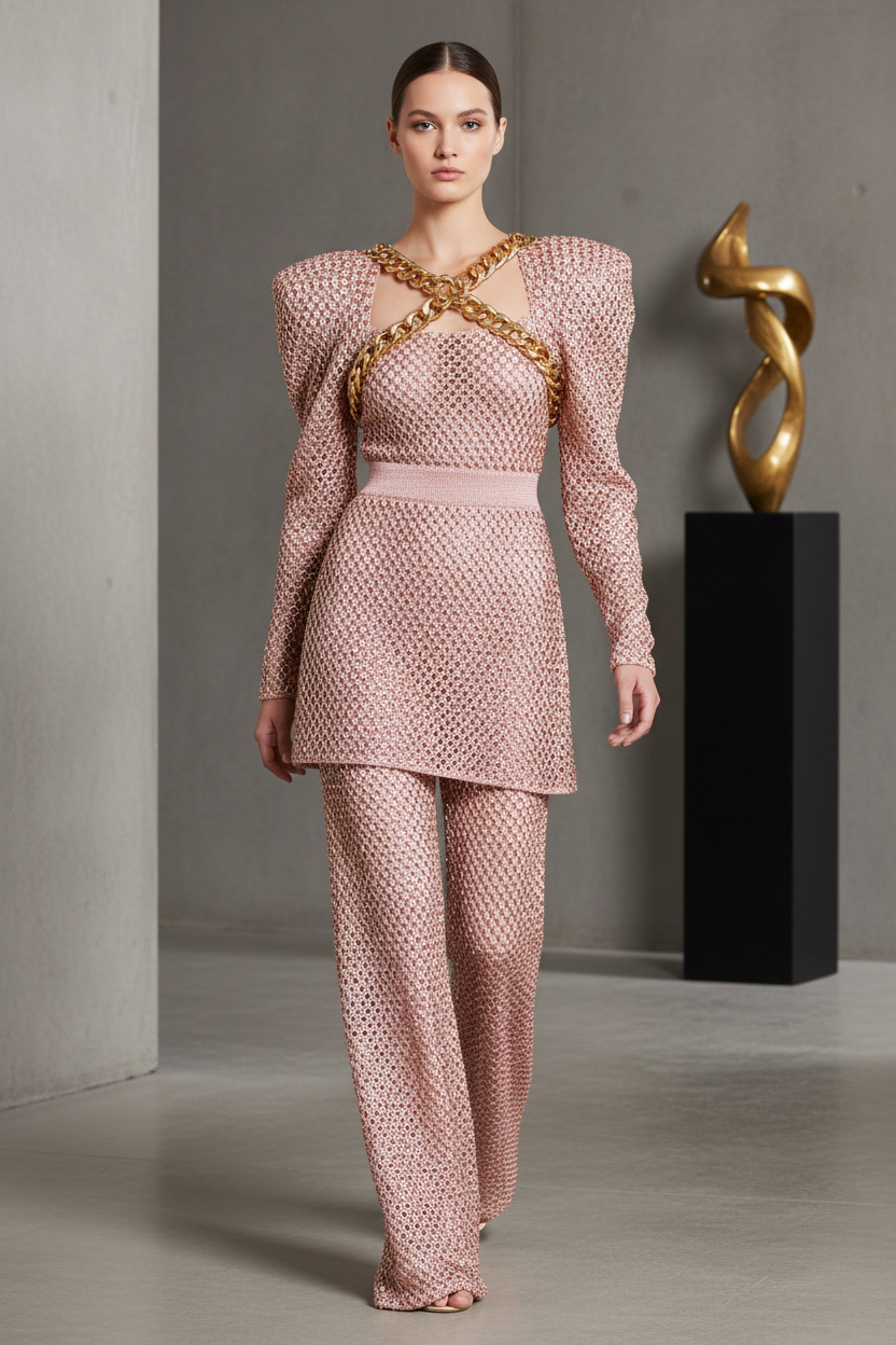 Pull CHAINE en maille cintré à la taille avec épaule et manches volumineuse