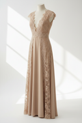Robe longue empiècement dentelle beige MINA