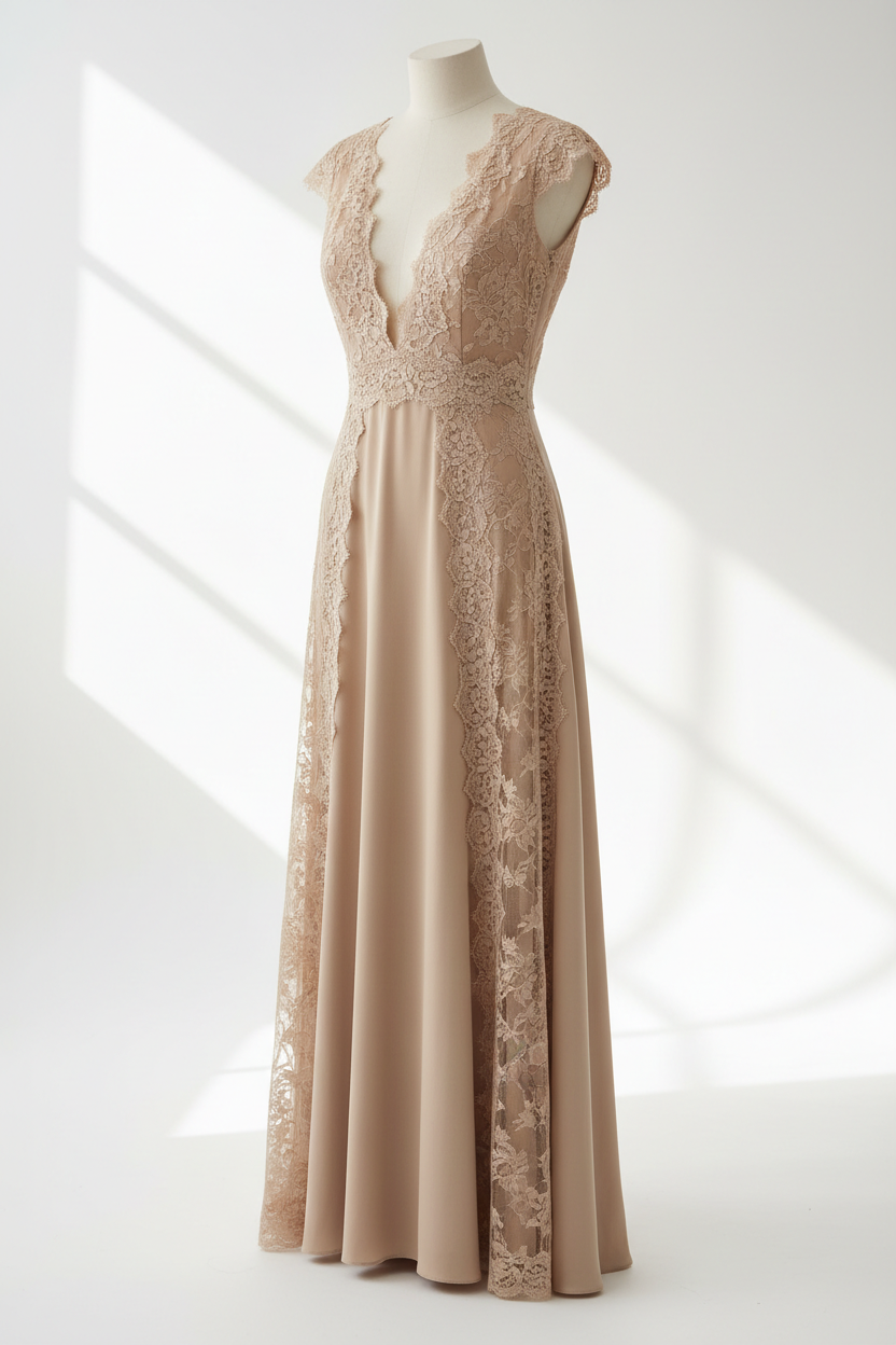 Robe longue empiècement dentelle beige MINA