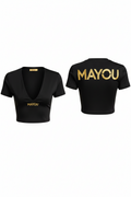T-shirt MAYOU col V noir logo doré