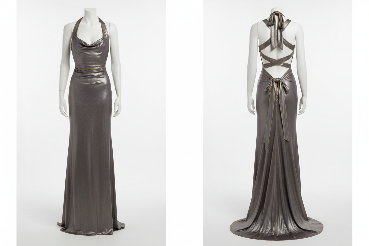 Robe longue dos nu avec corsage et lien derrière la nuque GRIZEN